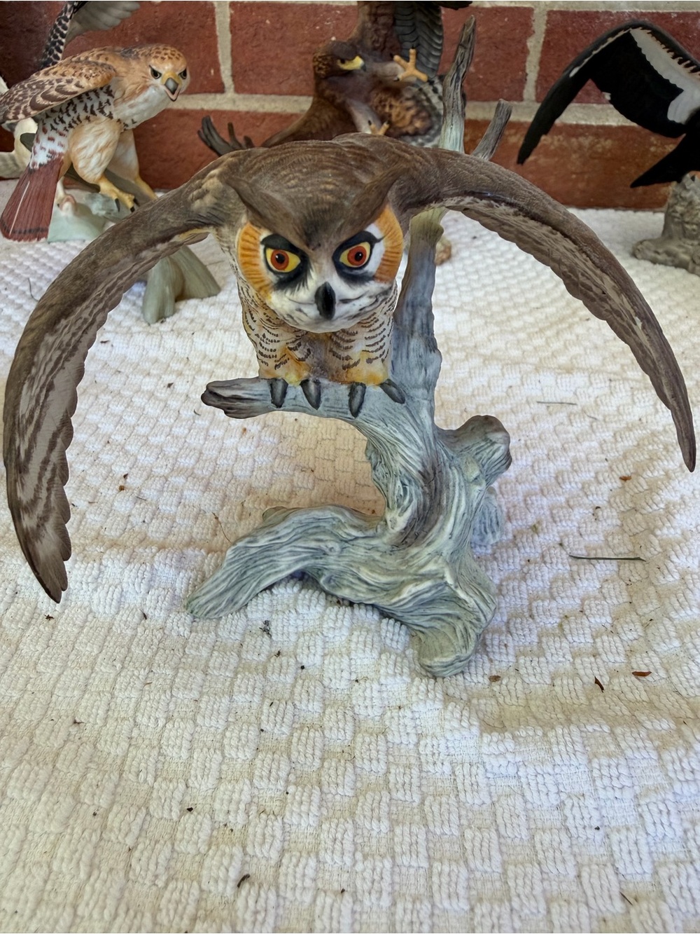 Franklin Mint Brown, Orange and White Great Horned Owl Figurine in Flight